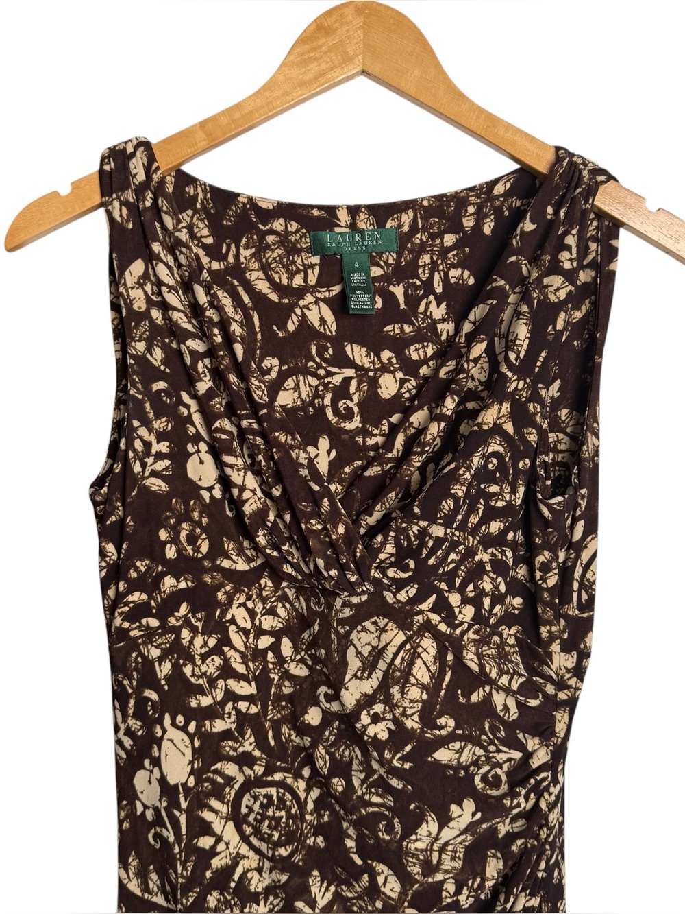 Lauren Ralph Lauren Sleeveless Cocktail Sheath Dress Size 4 Midi Ruched Brown - Picture 4 of 10